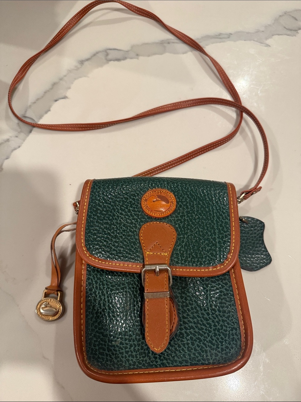 Dooney & Bourke Green Pebble Leather Crossbody with Brown Trim and Strap